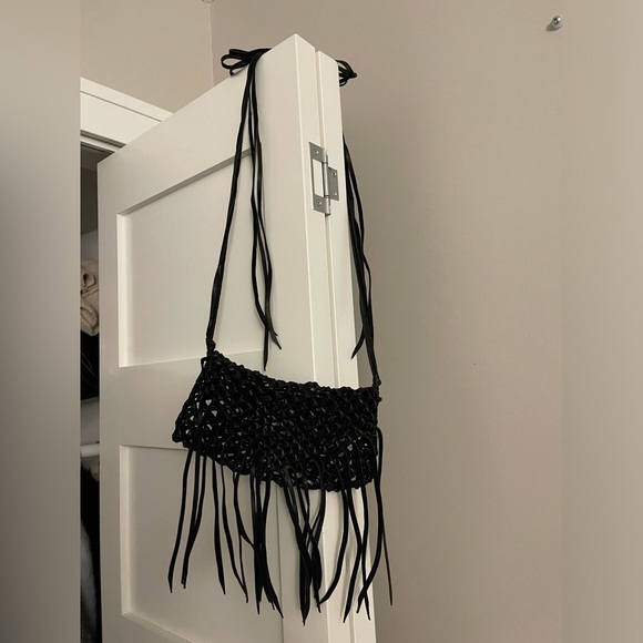 CARAVANA black leather Coyopa animal hand cut bag purse fringe straps - Picture 8 of 9